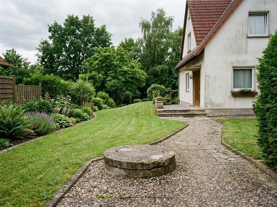 Betonfedlapos csatornaakna egy lejtős kerti járdában, családi ház mellett